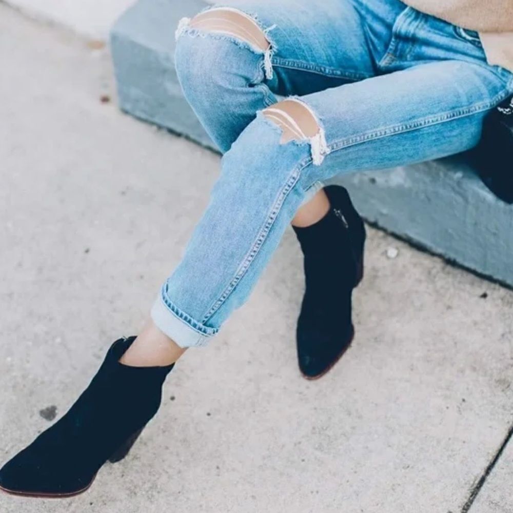 Sam Edelman Blake suede bootie black leather heeled ankle boot pointed toe